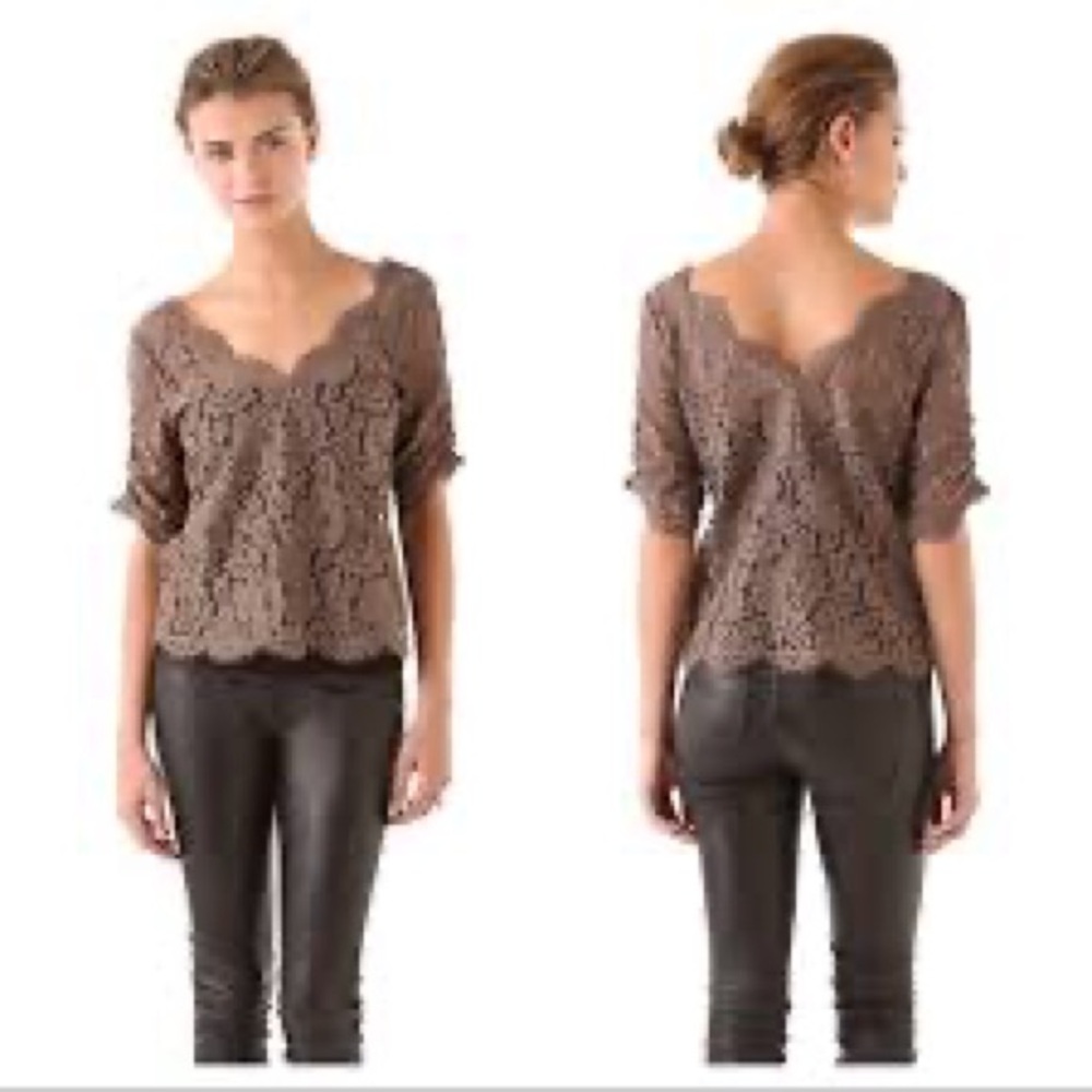 Joie Nevina Sheer Lace Blouse Top Tan Brown
